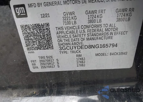 2022 Chevrolet Silverado 1500 Ltd 4Wd Short Bed Lt z USA, uszkodzony, nr VIN 3GCUYDED8NG165794